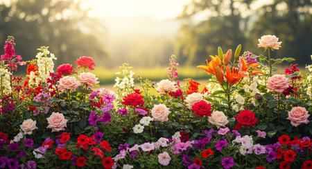 Colorful flowerbed with blooming roses and lilies in gardenの写真素材