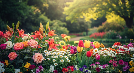 Vibrant flower garden with blooming lilies, roses and tulipsの写真素材