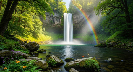 Majestic waterfall and rainbow in lush green forest sceneryの写真素材