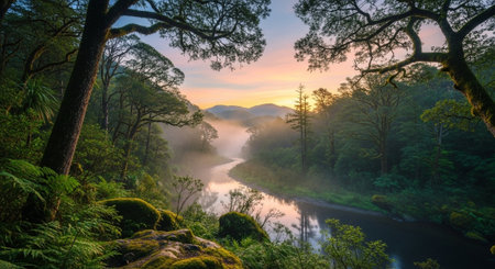 Misty river flowing through lush green forest at dawnの写真素材