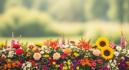 Vibrant floral arrangement against blurred green nature backgroundの写真素材