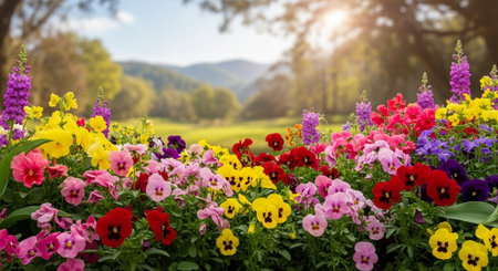 Colorful pansies and snapdragons field against a blurred backgroundの写真素材