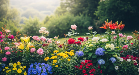 Vibrant flower garden with roses lilies and hydrangeas