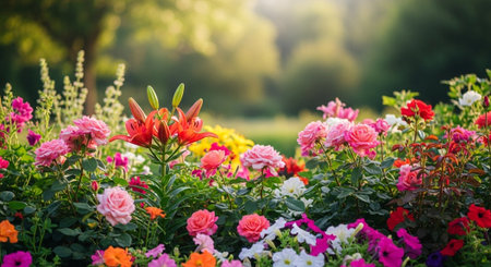 Colorful flower garden showcasing roses lilies and other blossoms