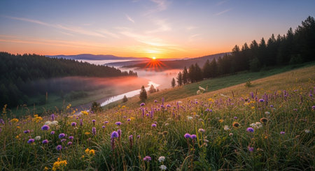 Sunrise over a misty valley with colorful wildflower meadowの写真素材