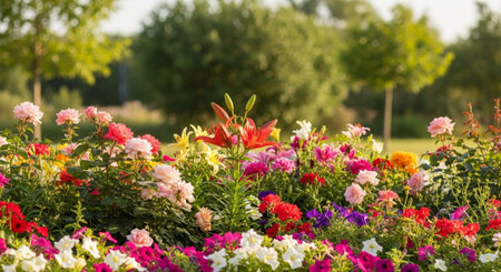 Vibrant flowerbed filled with colorful blooms in a parkの写真素材