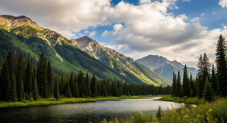 Scenic mountain landscape with lake and evergreen forest viewsの写真素材
