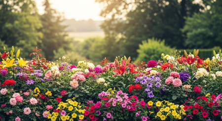 Colorful flower garden against a backdrop of treesの写真素材