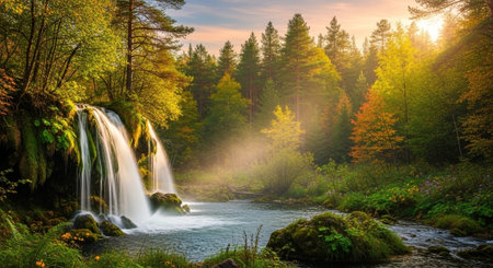 Serene waterfall cascading into a tranquil forest riverの写真素材