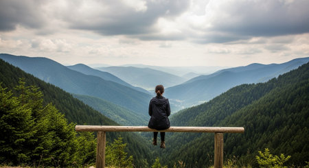 Woman contemplates mountain valley from wooden bench viewpointの写真素材
