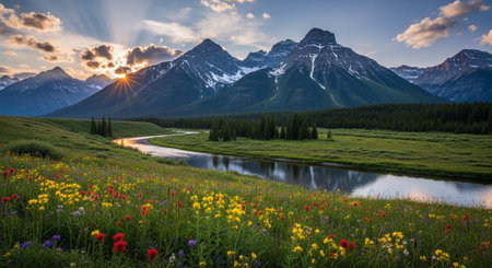Scenic mountain landscape at sunset with river and wildflowersの写真素材
