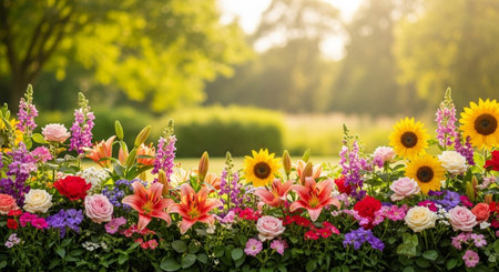 Vibrant floral border with summer garden backgroundの写真素材