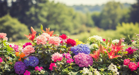 Colorful flower bed in garden with blurred green backgroundの写真素材