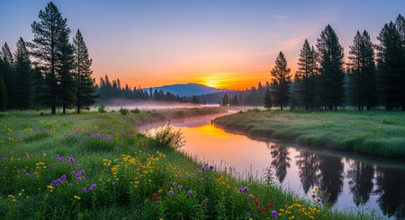 River Sunrise with Fog and Wildflower Meadow Landscapeの写真素材