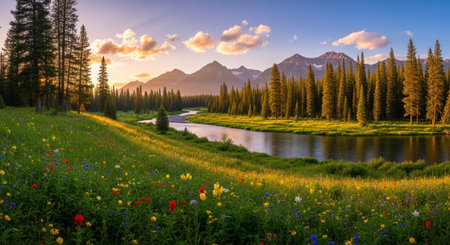 Scenic landscape with wildflowers river and distant mountainsの写真素材