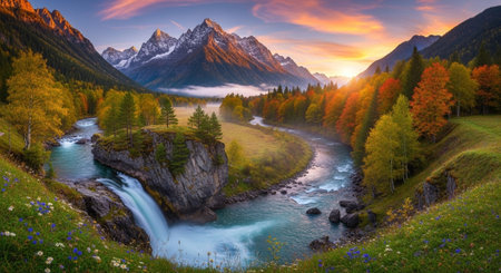 Autumnal landscape with river, waterfall and snow-capped mountain rangeの写真素材