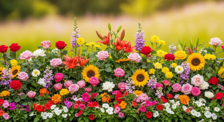 Vibrant flowerbed filled with colorful blooms and green foliageの写真素材