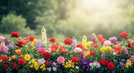 Vibrant floral display in a garden setting under soft lightの写真素材