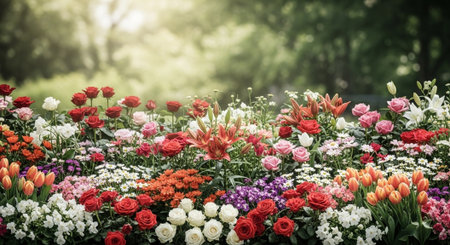 Vibrant garden bed filled with an assortment of flowersの写真素材