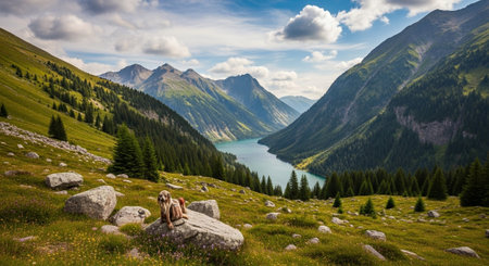 Dog on rock with picturesque mountain valley landscapeの写真素材