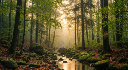 Misty forest scene with a stream and mossy rocksの写真素材