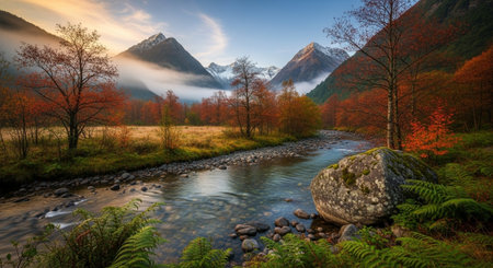 Mountain river landscape with fall foliage and snow peaks