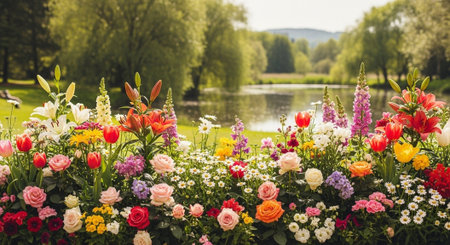 Vibrant flower garden with lake background in sunny weatherの写真素材