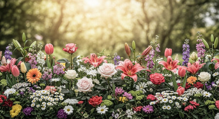 Abundant floral arrangement with diverse colors and natural backdropの写真素材