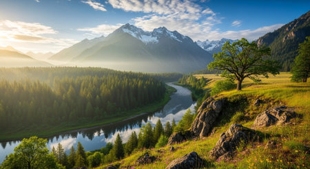 Scenic mountain landscape with river, forest and clear blue skyの写真素材