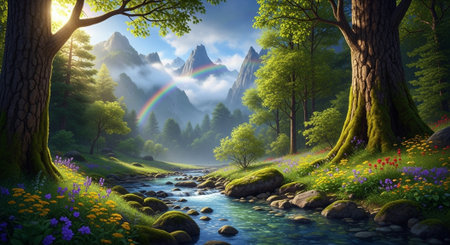 Mountain stream with rainbow cascading through lush forest landscapeの写真素材