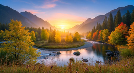 Scenic river landscape at dawn with mountains and forestの写真素材