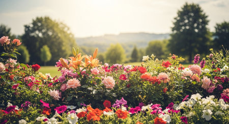 Flowerbed with mixed colorful flowers on a bright dayの写真素材
