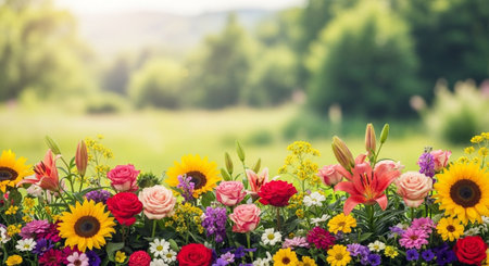 Vibrant floral arrangement against soft green background imageの写真素材
