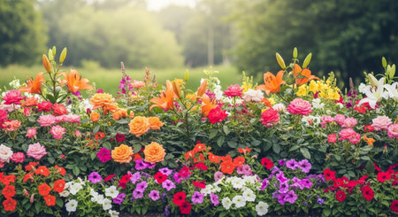 Colorful floral display of lilies and roses in garden