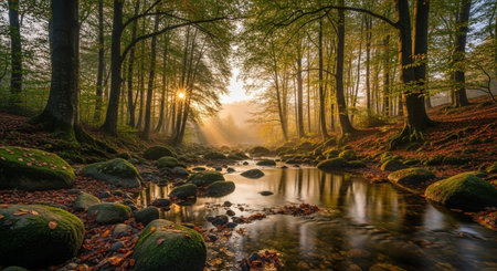 Sunlit stream flowing through a lush autumn forest sceneの写真素材