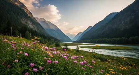 Mountain river valley with wildflower meadow at sunset