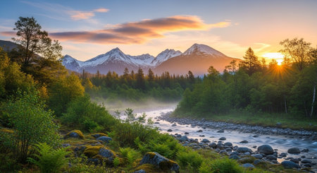 Scenic mountain river landscape at sunrise with forest and fogの写真素材