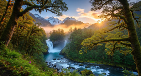 Spectacular waterfall in pristine forest landscape with snowy mountainsの写真素材