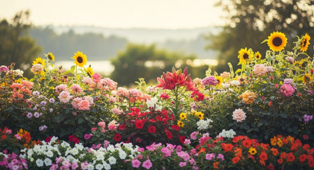 Summer meadow filled with diverse colorful flowers blossoms outdoorの写真素材
