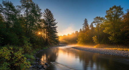 Scenic river landscape with sunlight through trees at dawnの写真素材