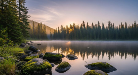Serene lake at sunrise with moss covered rocksの写真素材