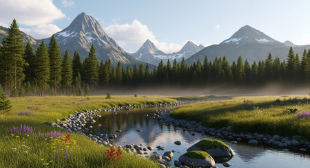 Mountain river scene with meadow in a scenic landscapeの写真素材