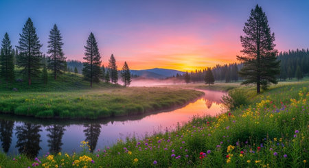 Serene riverside landscape at dawn with vibrant floral meadowの写真素材