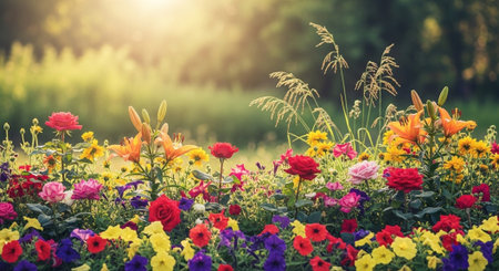 Vibrant floral garden with diverse blooms under sunlightの写真素材