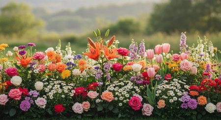 Colorful Flower Bed in Full Bloom During Springtimeの写真素材