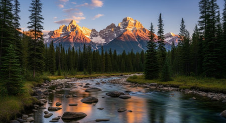 Scenic river landscape with mountains and forest at sunriseの写真素材