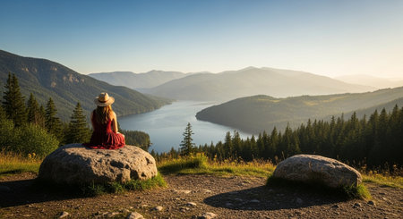 Woman contemplating mountain lake at sunrise from rocky viewpointの写真素材
