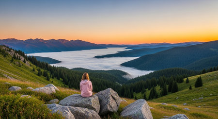 Woman meditating on mountain overlooking fog filled valley sunriseの写真素材