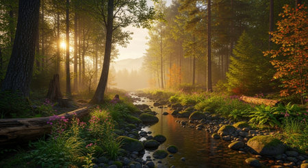 Tranquil forest stream flowing through vibrant green woodlandの写真素材
