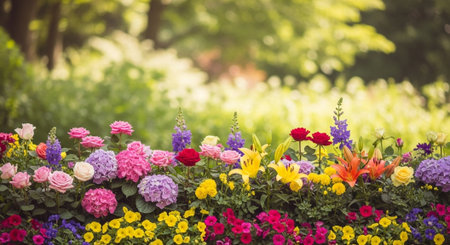 A vibrant field of colorful flowers against blurred background